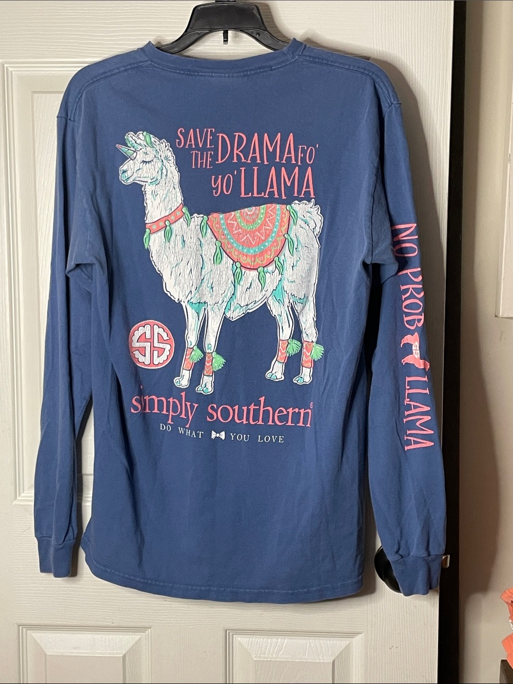 Simply Southern Blue Long Sleeve 'Save the Drama for Yo' Llama' Tee. Size M